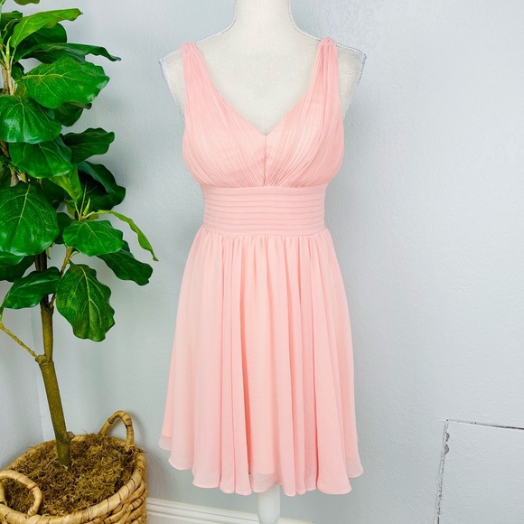 Pink Surplice Neck Zip Back Ruched Chiffon Prom V Neck Pleated Chiffon Dress - Picture 2 of 8